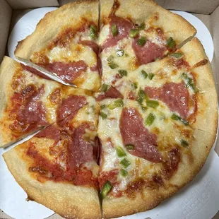 Salami and green pepper pizza