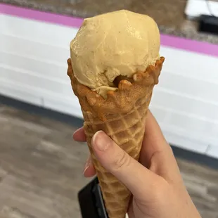 a hand holding a cone of ice cream