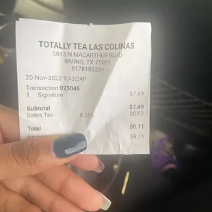 My receipt to confirm the Brown Sugar Milk Tea with Boba