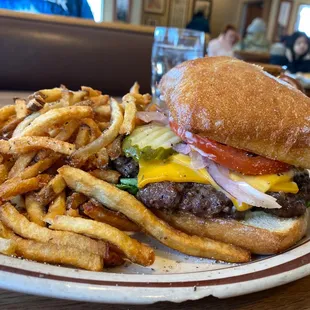 Totem Burger with Cheese and hand cut fries.