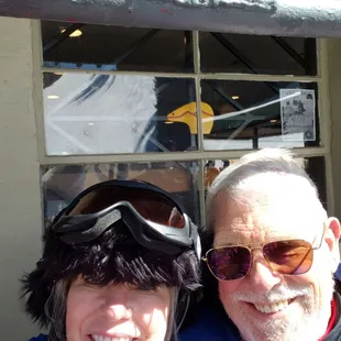 Enjoying a break from skiing