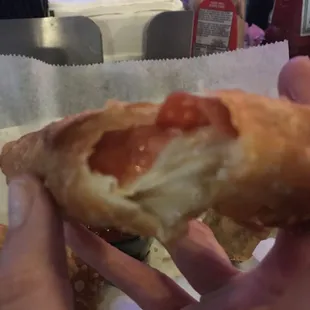 Inside of pepperoni roll egg rolls