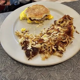 Muffin sausage and egg hash browns!