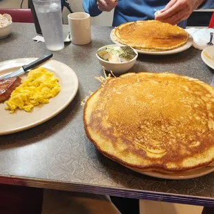 Pancakes, scrambled eggs, and ham