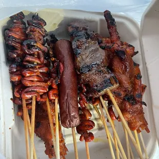 chicken isaw, Pork BBQ, hotdog, chicken feet