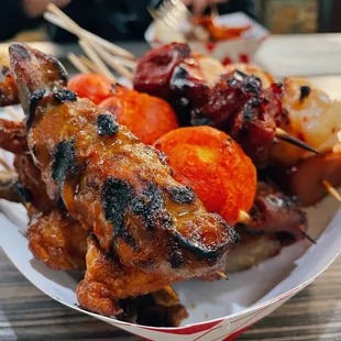 skewered chicken and vegetables