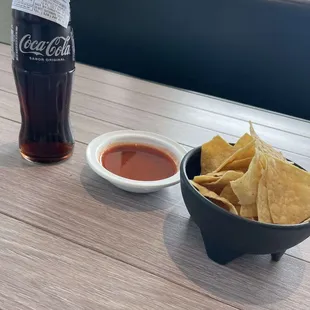 Chips, Salsa and bottled coke