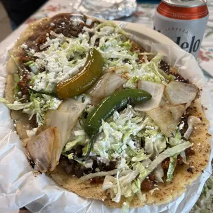Asada and chorizo Huarache with everything