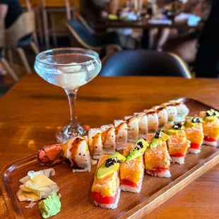 Lychee Martini pared with Tiger Sushi + Hollywood Sushi Roll.