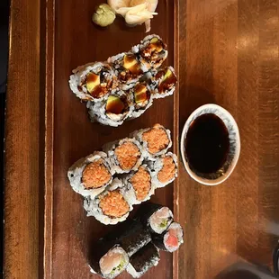 Spicy Tuna, Eel and avocado, yellowtail. Excellent combo and taste.