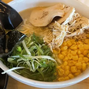 Paitan Ramen with chicken and a side of corn