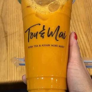 Overly sweet Thai tea with hard boba, so sad