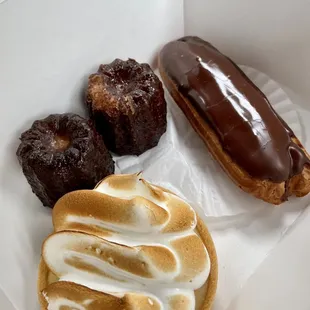 Lemon tart, eclair, canelé