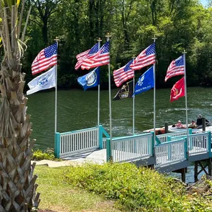Military service flags on full display near dock slips