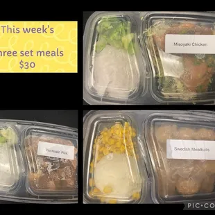 Bought the 3 meal set this week. Ready to heat. Bought for my mom for her meals at home.