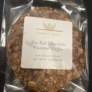 $5 with three cookies: Sea Salt Chocolate Caramel Coffee Oatmeal flax quinoa cookies! Thin, crispy &amp; yummy!