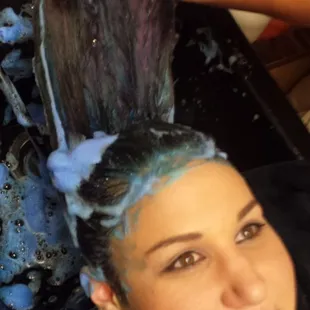 Katie mermaid dying her hair with blue, purple, and pink #breastcancersurvivor