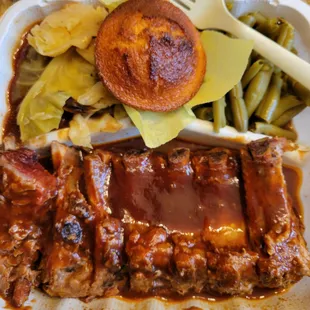 Baby Back Ribs, Greens, and Green Beans,  corn bread muffin