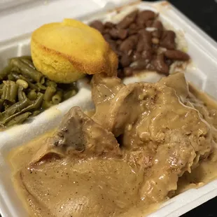 Smothered Pork Chips, Red Beans and Rice, and String Beans