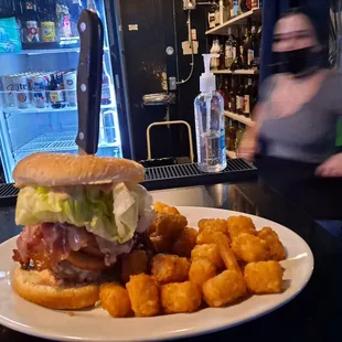 Burger with bacon &amp; tots. So so so good!