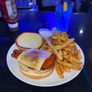 Fried chicken burger and blue lagoon in the cut