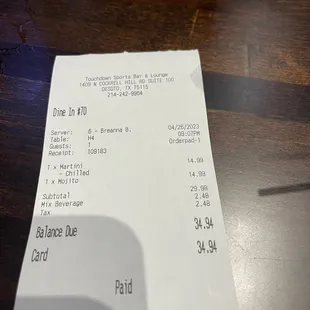 Mix beverage tax?!? $35 for a terrible martini and a virgin mojito!!? Never again!