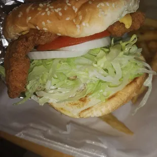 a chicken sandwich and french fries