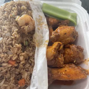 Hot lemon pepper wings and shrimp fried rice