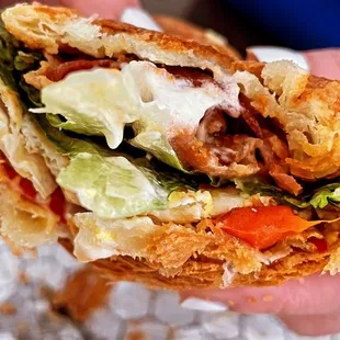 a hand holding a sandwich