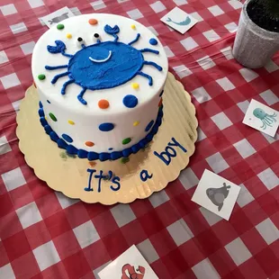 Delicious cake for a crab-themed baby shower.