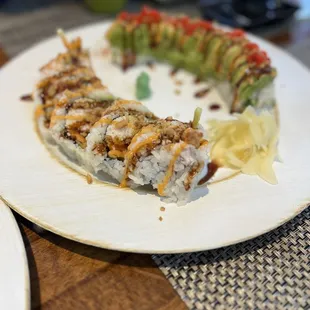 Shrimp tempura roll and caterpillar roll.