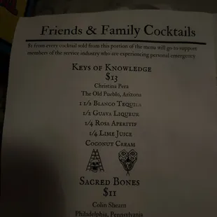 a menu for friends and family cocktails