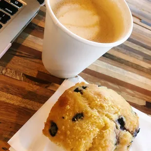 Off-menu honey oat latte and blueberry cornbread muffin