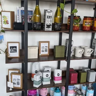 a shelf of wine bottles