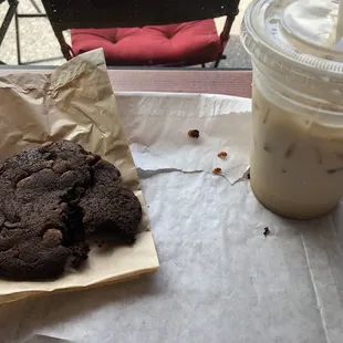 Chocolate cookie, iced caramel mocha, and a Vashon breakfast burrito