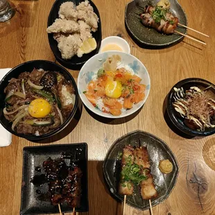 From left to right - Chicken garage, pork belly, beef bowl, salmon bowl, ribeye cap, pork jowl