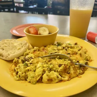 California omelet, fresh fruit, and English muffin.