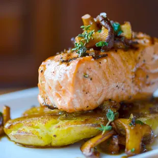 Line Caught Wild Alaskan King Salmon* with Charred Leeks, Mushrooms and Olorosso Sherry