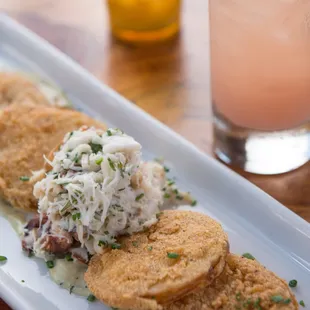 Fresh Dungeness Crab over Fried Green Tomatoes with Tarragon-Chive Ravigote