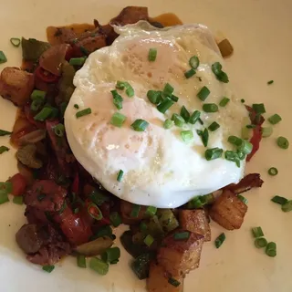 Spicy Housemade Andouille Hash with Tomato Confit with Two Farm Fresh Eggs