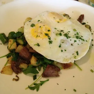 Muscovy Duck Confit Hash with Two Farm Fresh Eggs