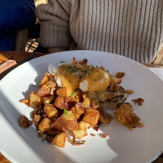 Acadiana Benedict with Dungeness Crab, Shrimp, and Andouille Sausage