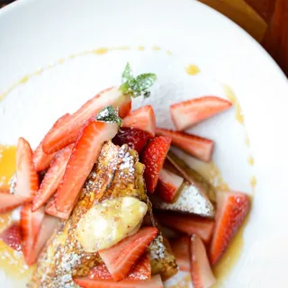 Creme Caramel French Toast with Pecan Butter and Fresh Strawberries