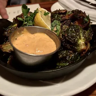 Fried Brussels Sprouts with Piquillo Sriracha Rouille