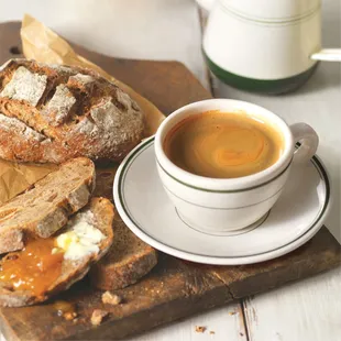 a plate of bread and a cup of coffee