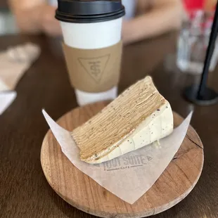 Slice of earl grey crepe cake