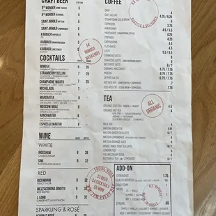 Drink menu as of May 2024