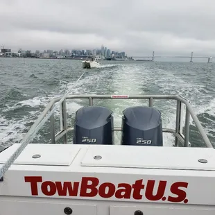 TowBoatUS getting a BoatUS member back to the dock after his World Cat suffered a steering casualty.