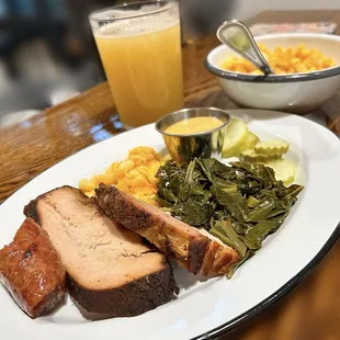 Jalapeño cheddar Sausage. Smoked Turkey. White Brisket. Greens. Mac&apos;n&apos;Cheese. Pickles