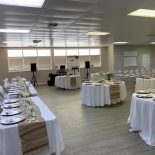 4 long tables for the bridal party 6 round for guests but it'll fit way more